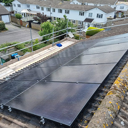 Aerial view of solar panels installed on UK home